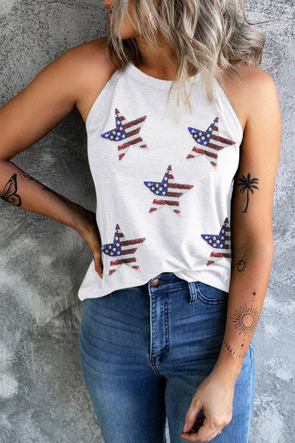 Sequin US Flag Star Grecian Neck Tank - Love Salve