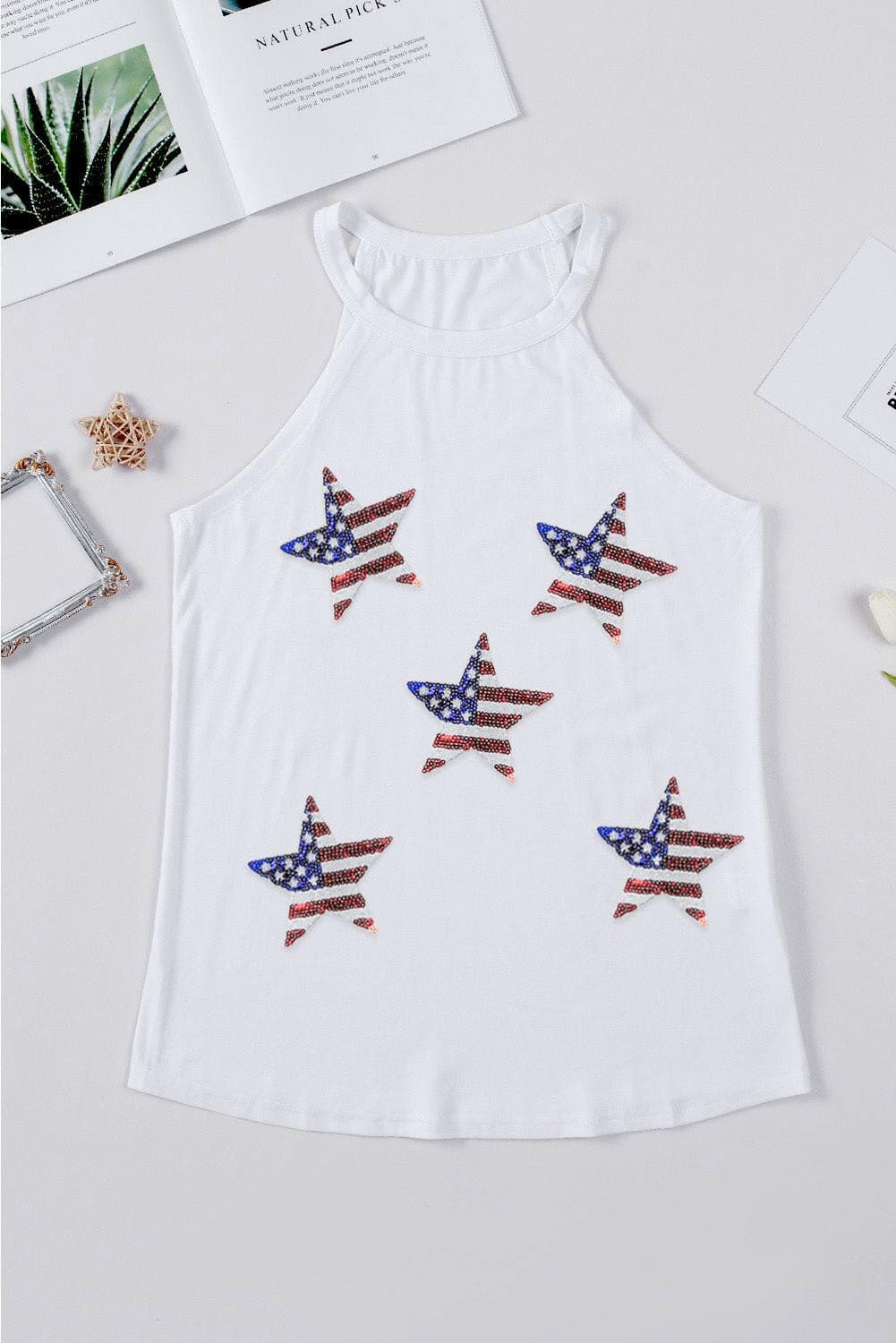 Sequin US Flag Star Grecian Neck Tank - Love Salve