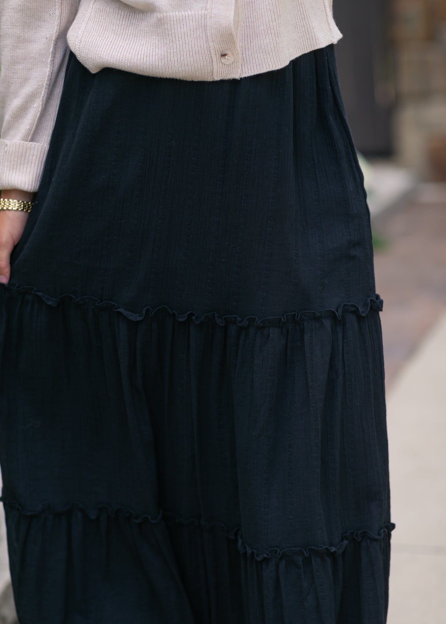 Serena Cotton Gauze Maxi Skirt With Eyelet Lace Tiered Inherit Co.