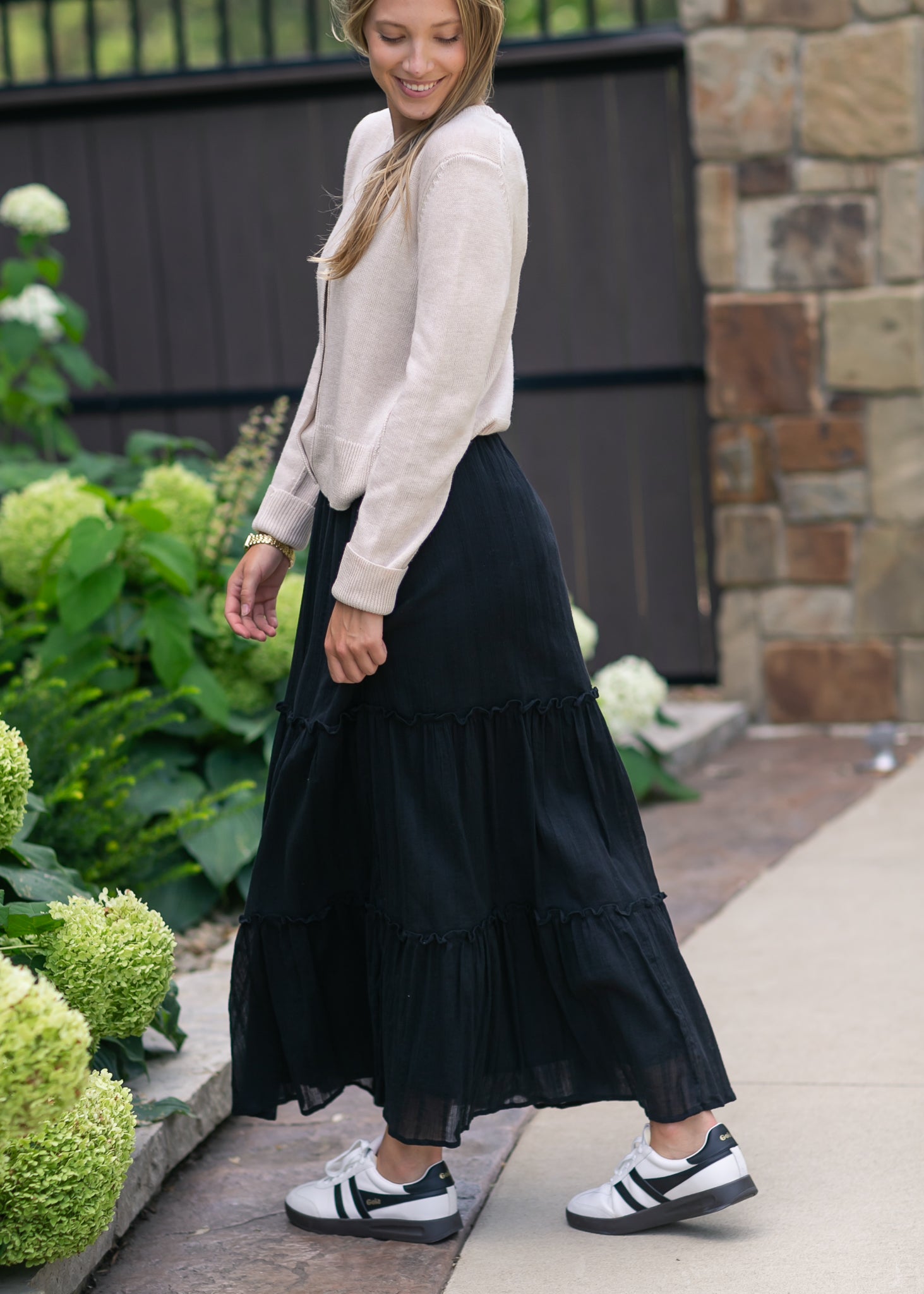 Serena Cotton Gauze Maxi Skirt With Eyelet Lace Tiered Inherit Co.