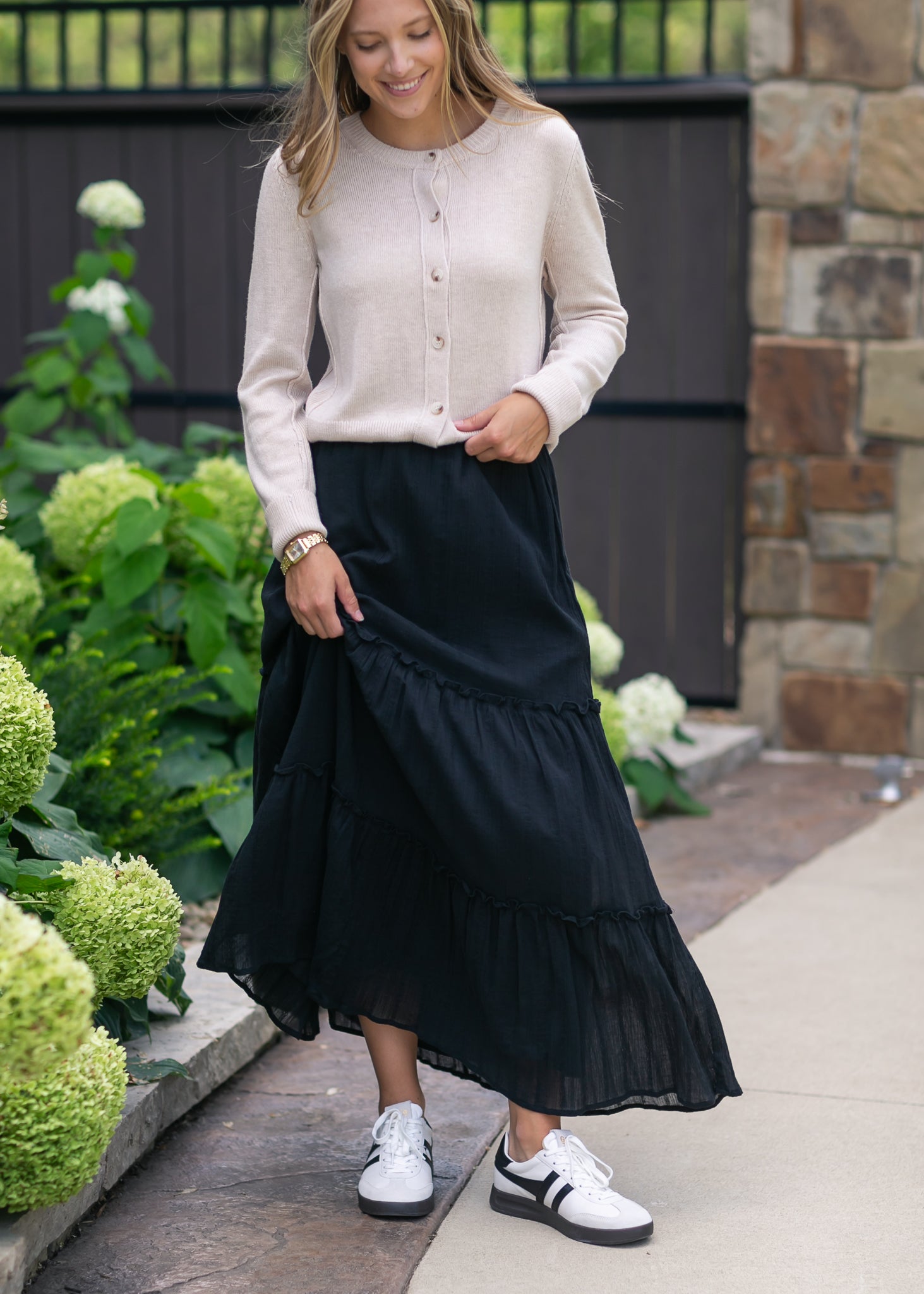 Serena Cotton Gauze Maxi Skirt With Eyelet Lace Tiered Inherit Co.