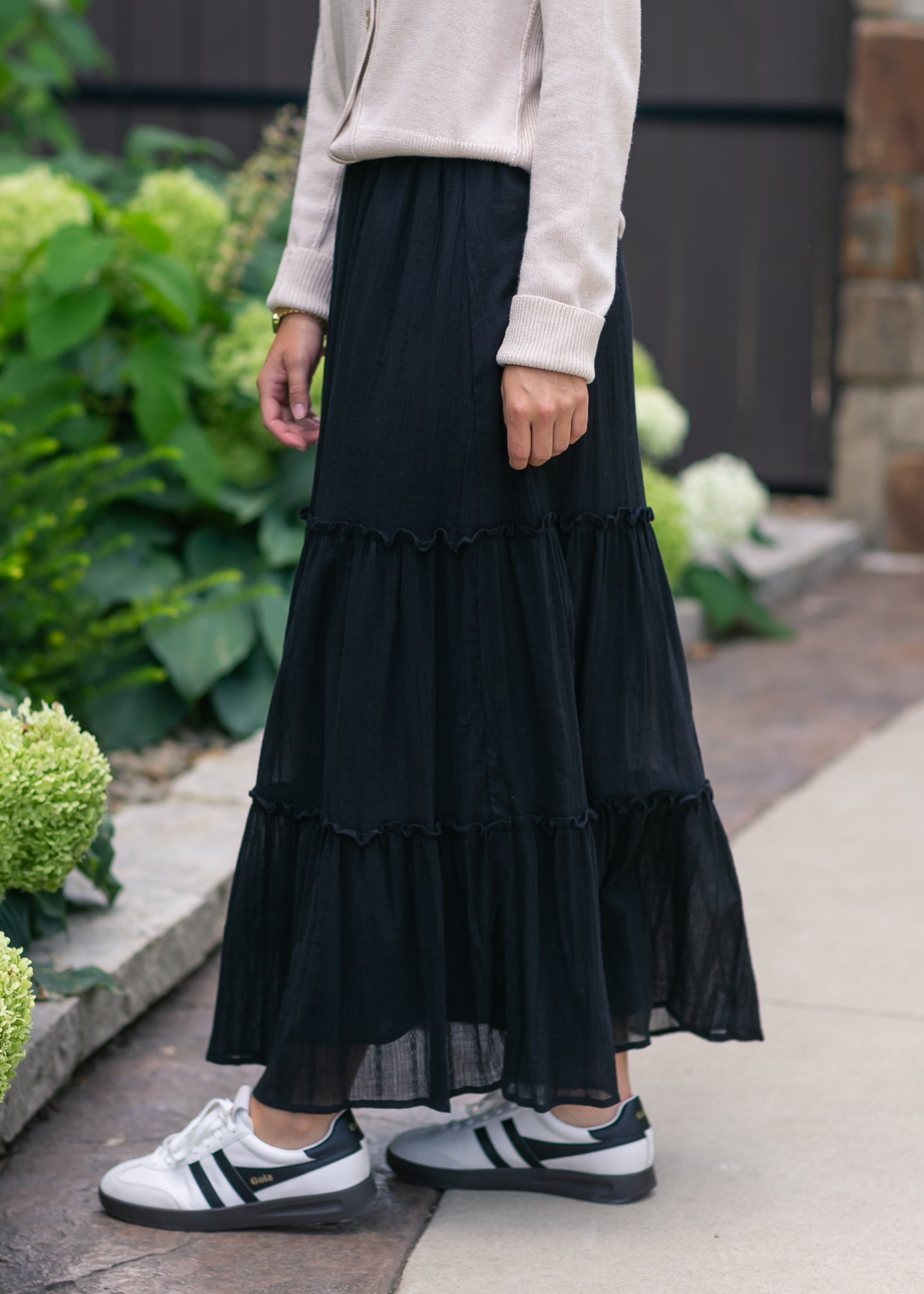 Serena Cotton Gauze Maxi Skirt With Eyelet Lace Tiered Inherit Co.