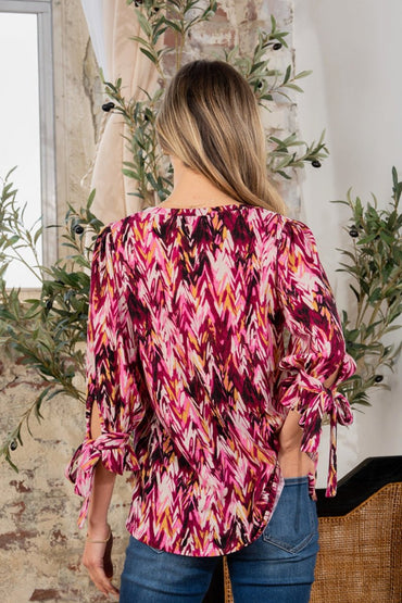 Sew In Love Full Size Printed V-Neck Blouse with Sleeve Knot - Love Salve 