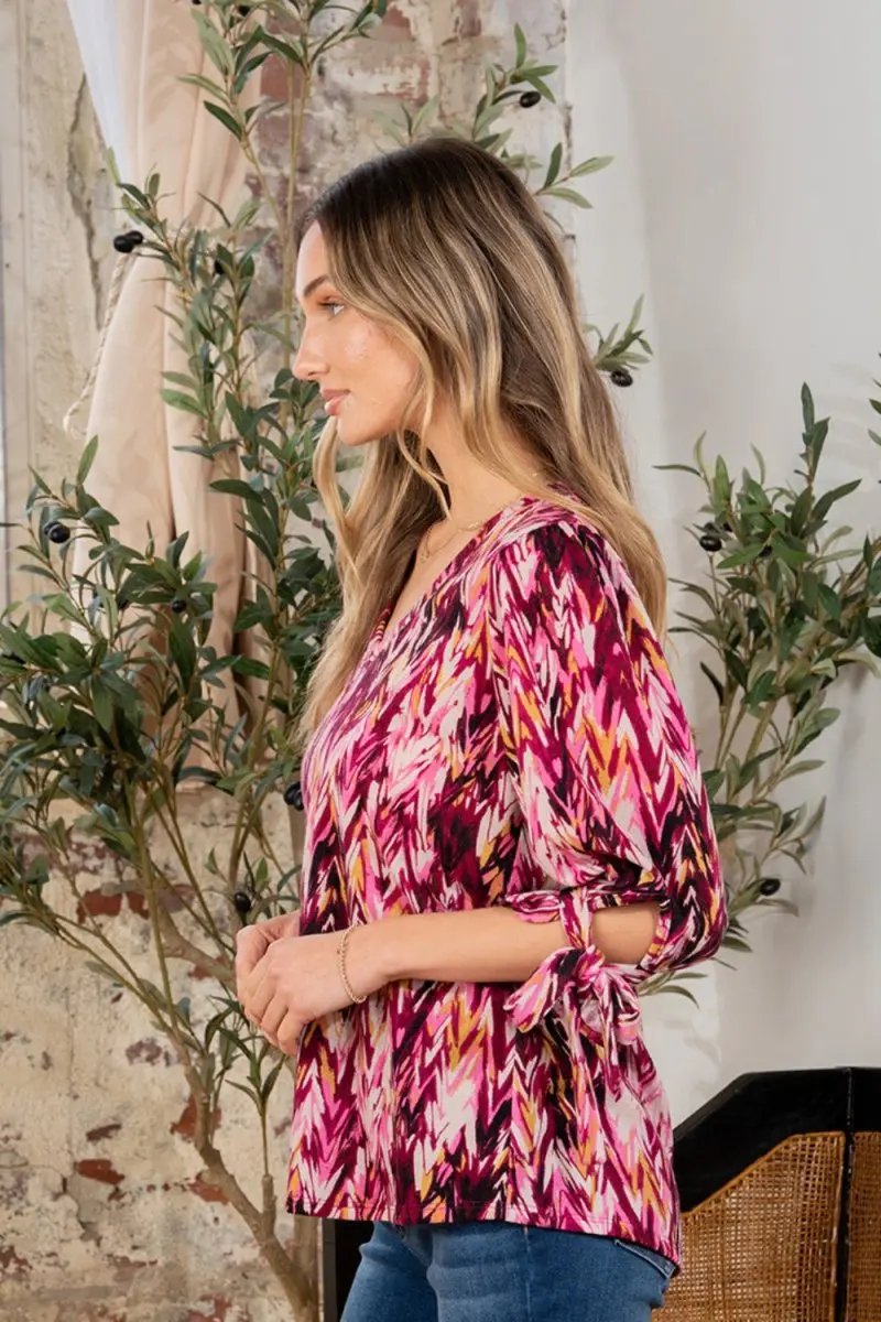 Sew In Love Full Size Printed V-Neck Blouse with Sleeve Knot - Love Salve 