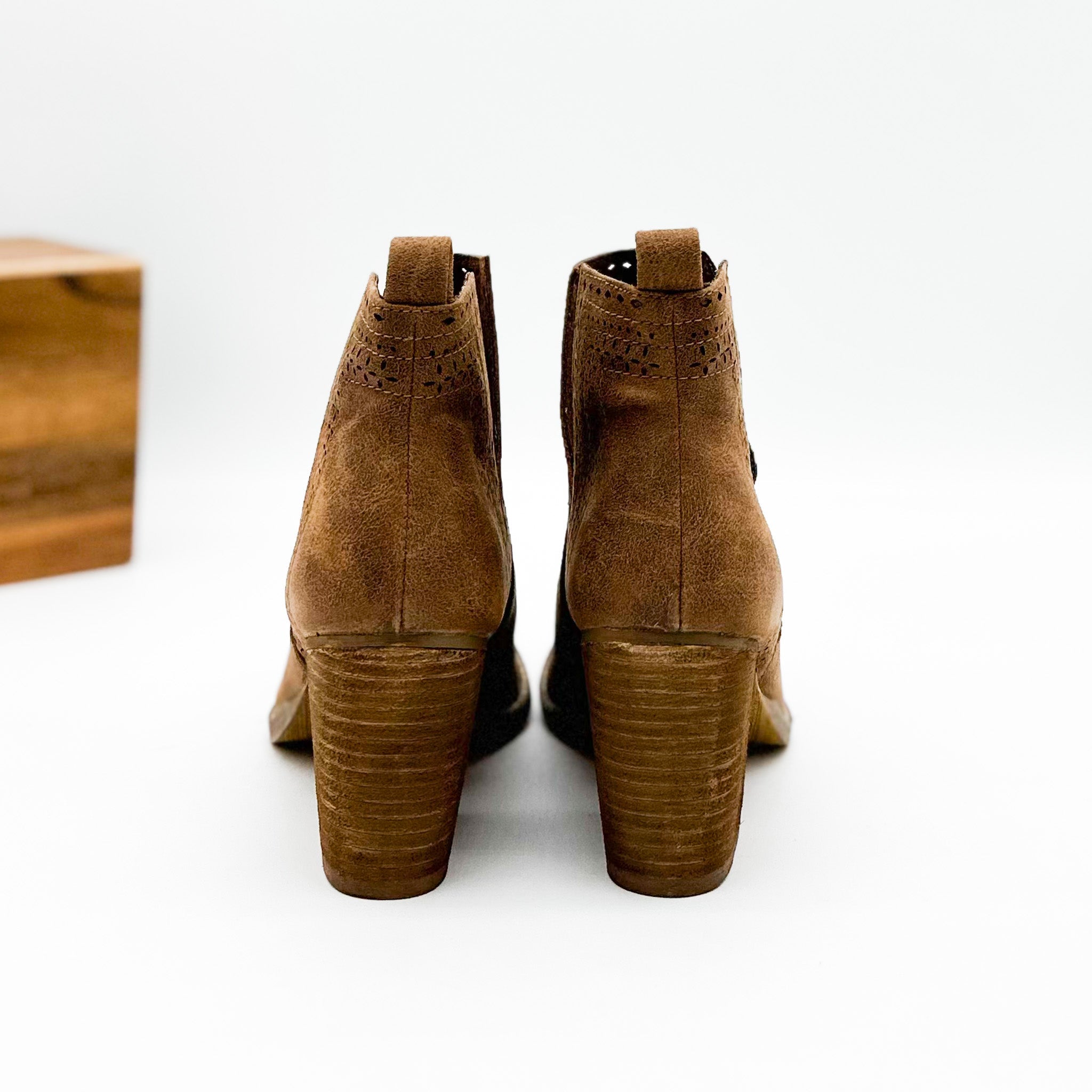 Shaina Camel Bootie With 2.75 Inch Block Heel Ankle Cutouts Naughty Monkey