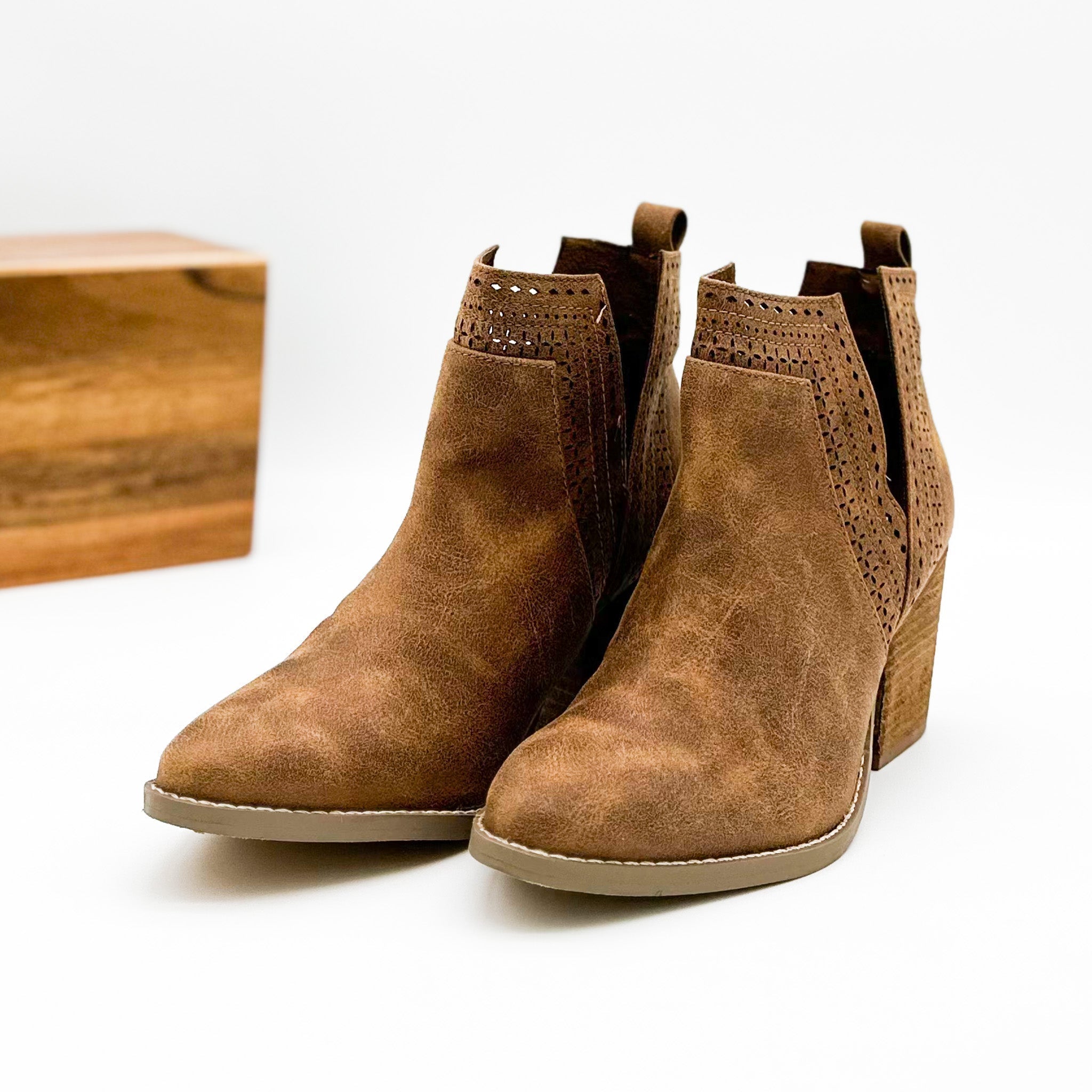 Shaina Camel Bootie With 2.75 Inch Block Heel Ankle Cutouts Naughty Monkey