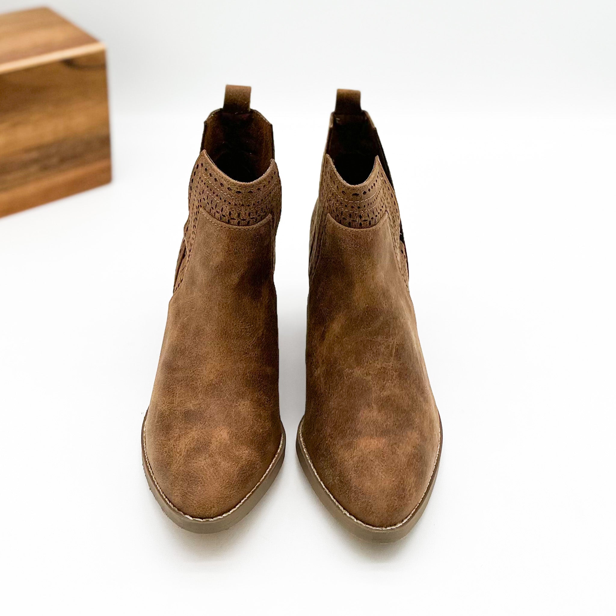 Shaina Camel Bootie With 2.75 Inch Block Heel Ankle Cutouts Naughty Monkey