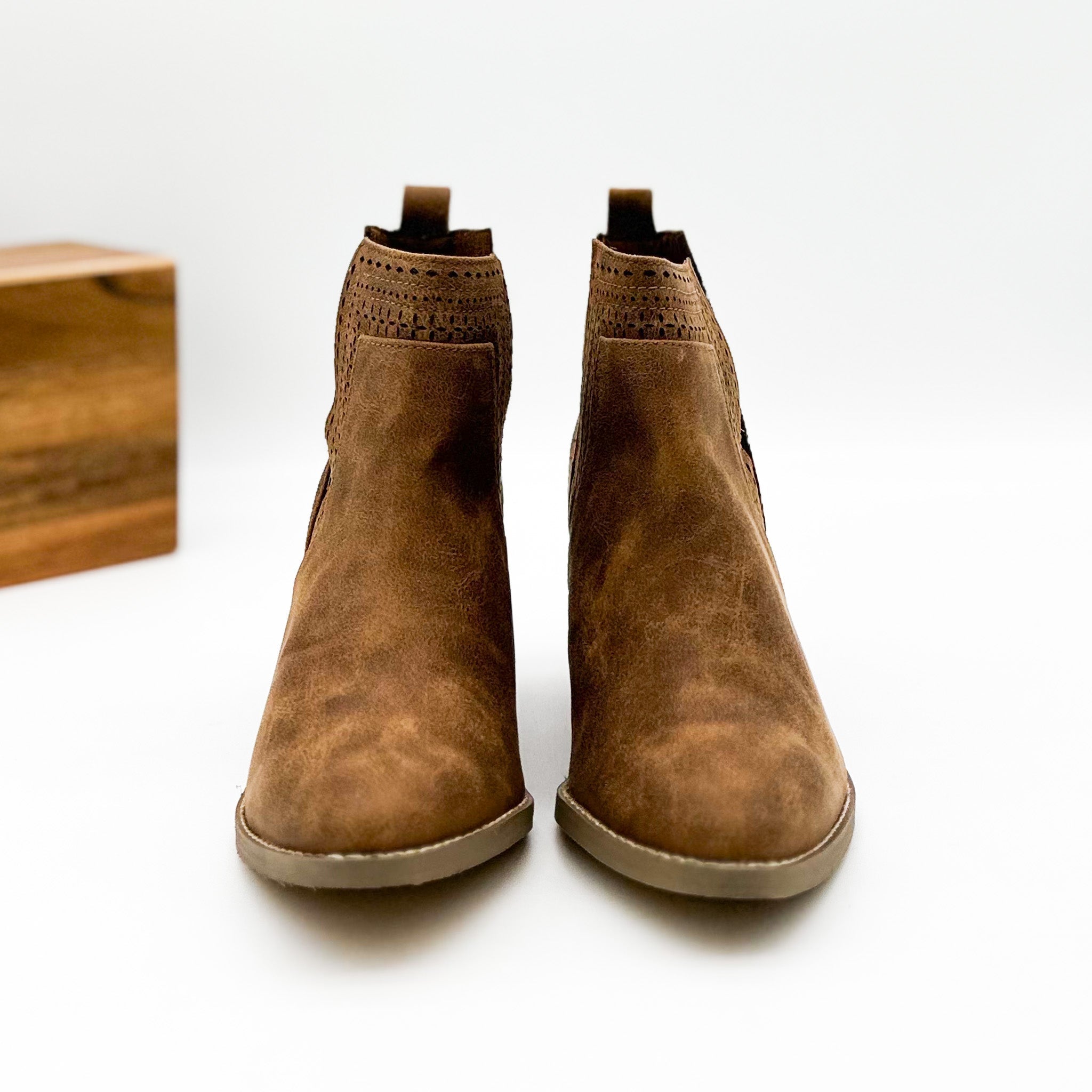 Shaina Camel Bootie With 2.75 Inch Block Heel Ankle Cutouts Naughty Monkey