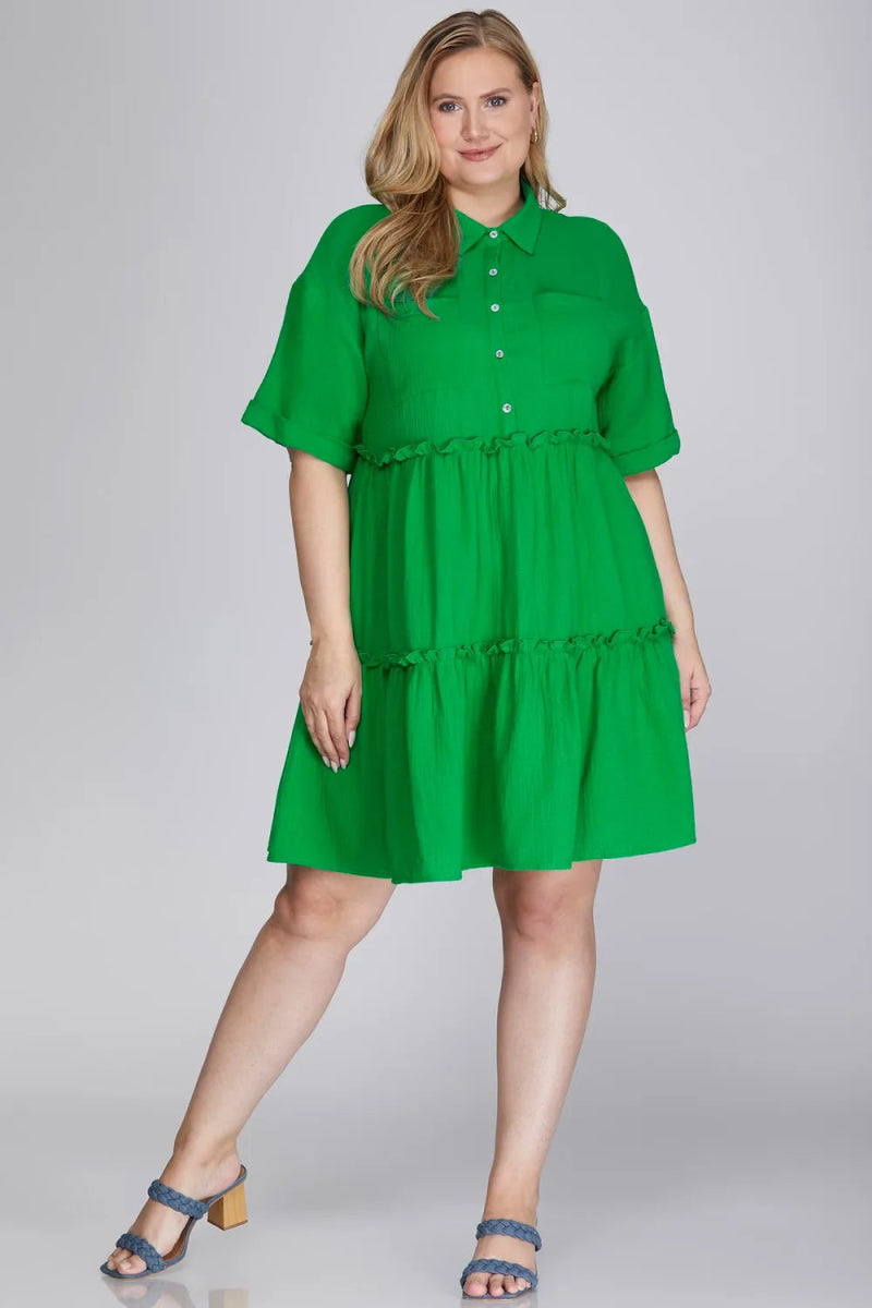 She + Sky Full Size Button Front Frill Tiered Mini Dress - Love Salve 