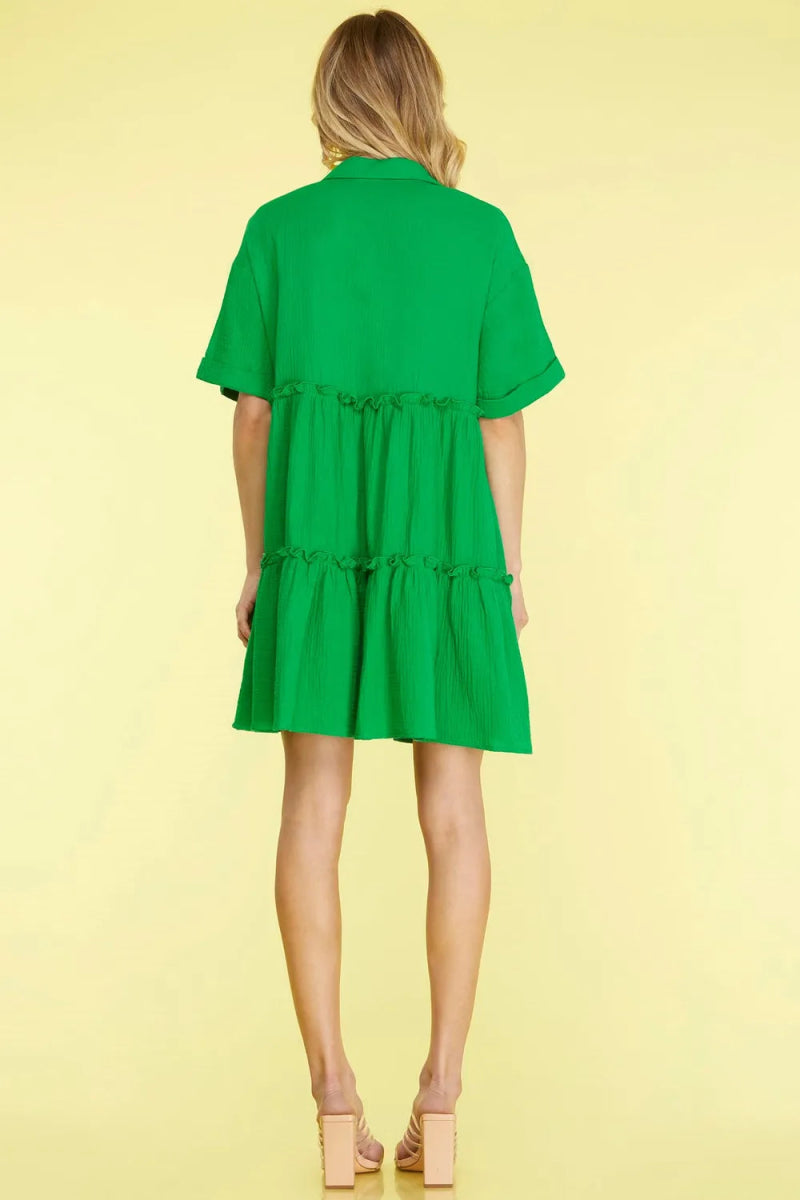 She + Sky Full Size Button Front Frill Tiered Mini Dress - Love Salve 