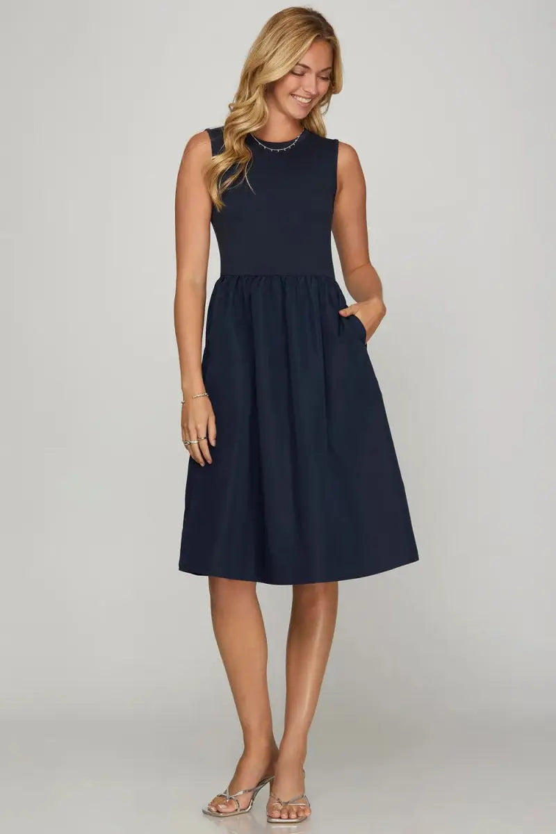 She + Sky Full Size Sleeveless Midi Dress with Pockets - Love Salve 