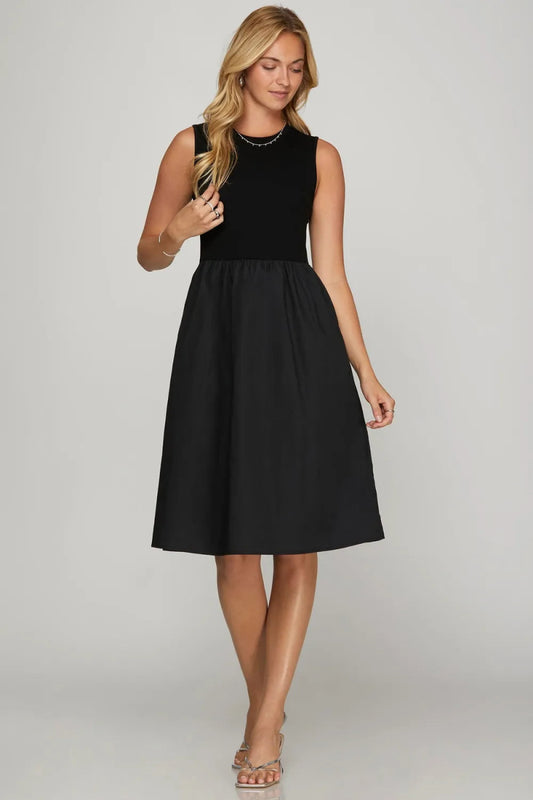 She + Sky Full Size Sleeveless Poplin Woven Midi Dress Plus Size - Love Salve 