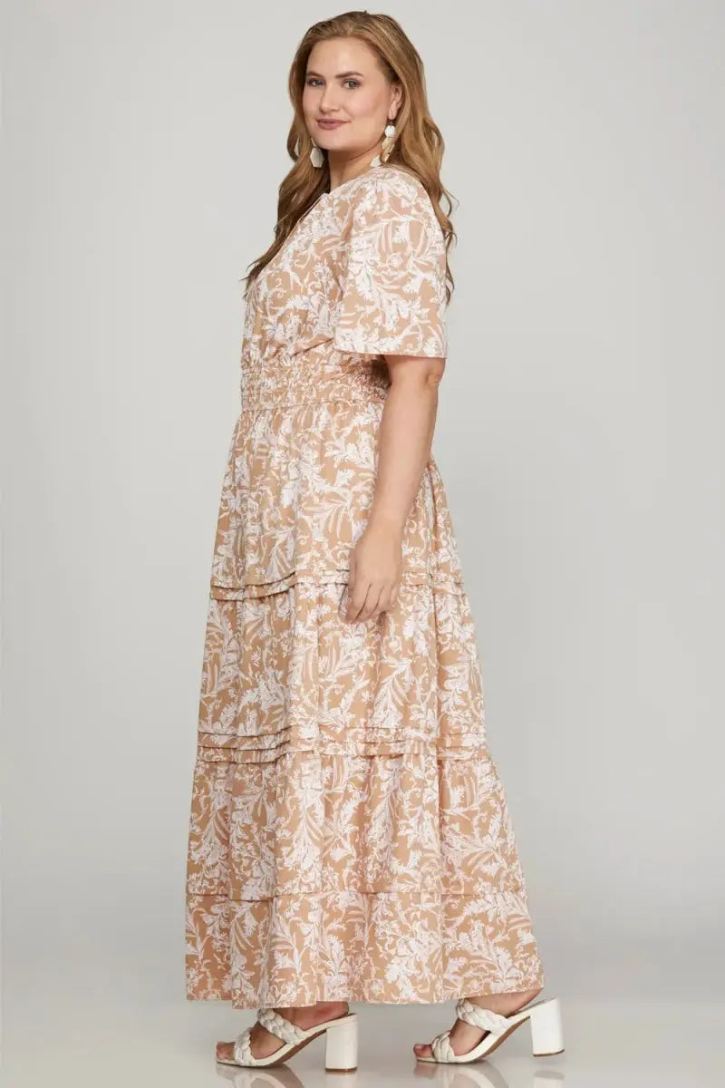 She + Sky Printed Notched Woven Tiered Pintuck Maxi Dress - Love Salve 