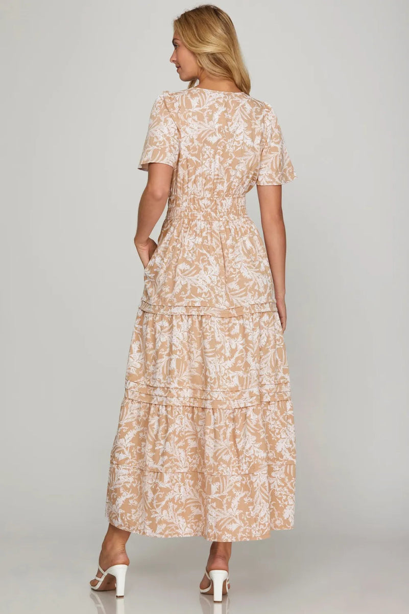 She + Sky Printed Notched Woven Tiered Pintuck Maxi Dress - Love Salve 