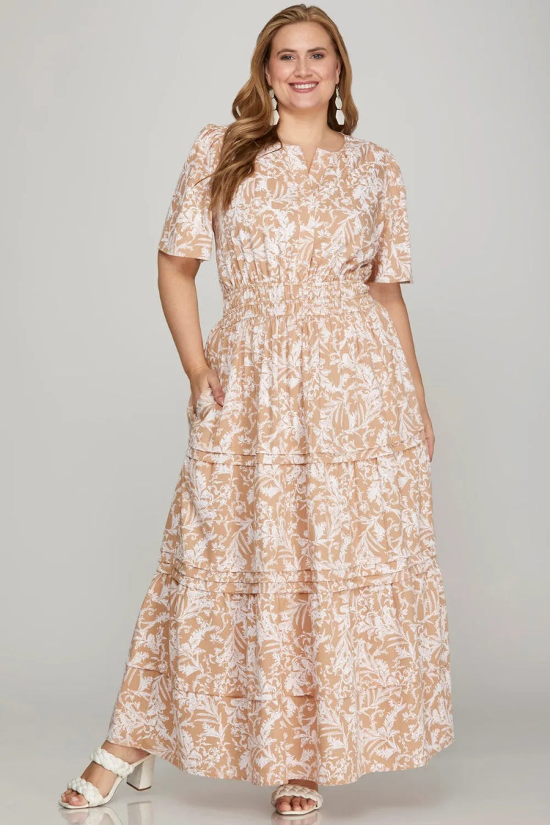 She + Sky Printed Notched Woven Tiered Pintuck Maxi Dress - Love Salve 