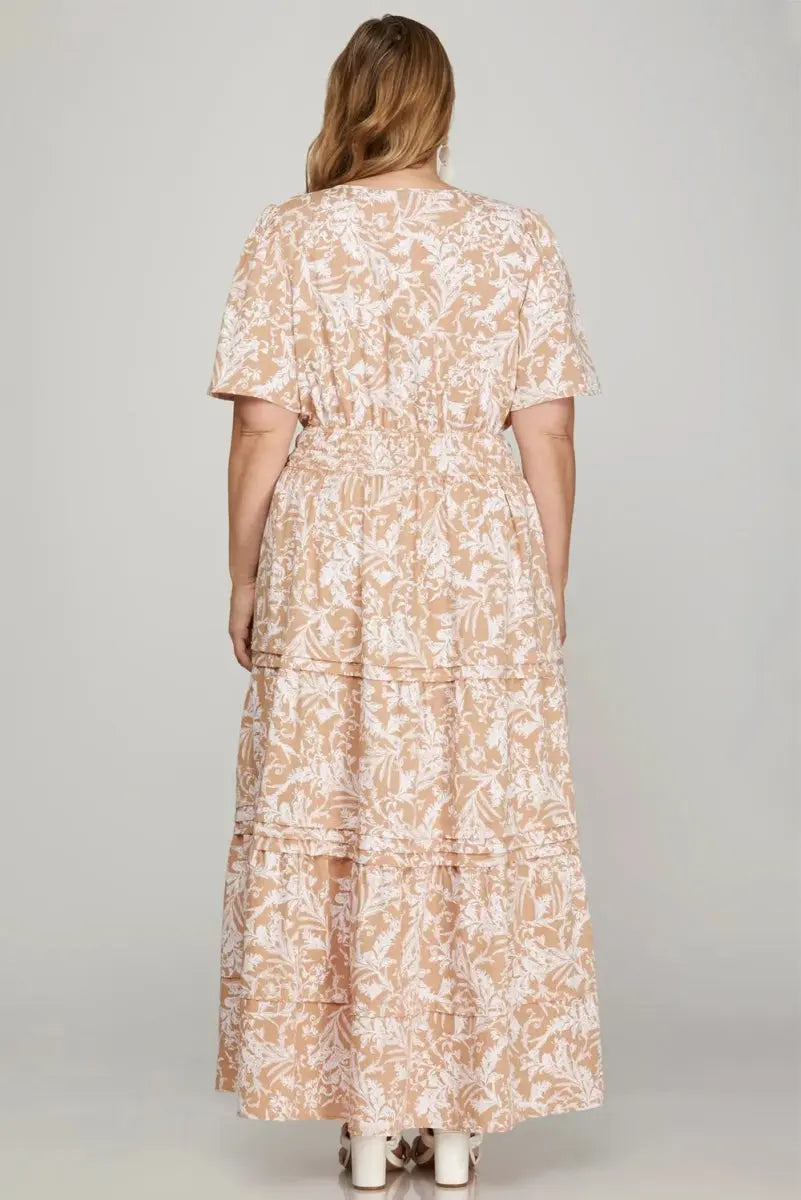 She + Sky Printed Notched Woven Tiered Pintuck Maxi Dress - Love Salve 