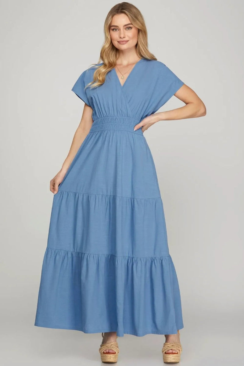 She + Sky Surplice Short Sleeve Tiered Maxi Dress With Pockets - Love Salve 
