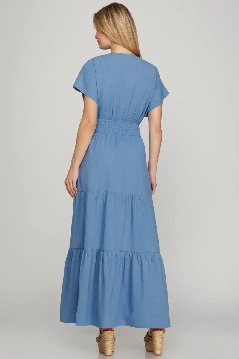 She + Sky Surplice Short Sleeve Tiered Maxi Dress With Pockets - Love Salve 