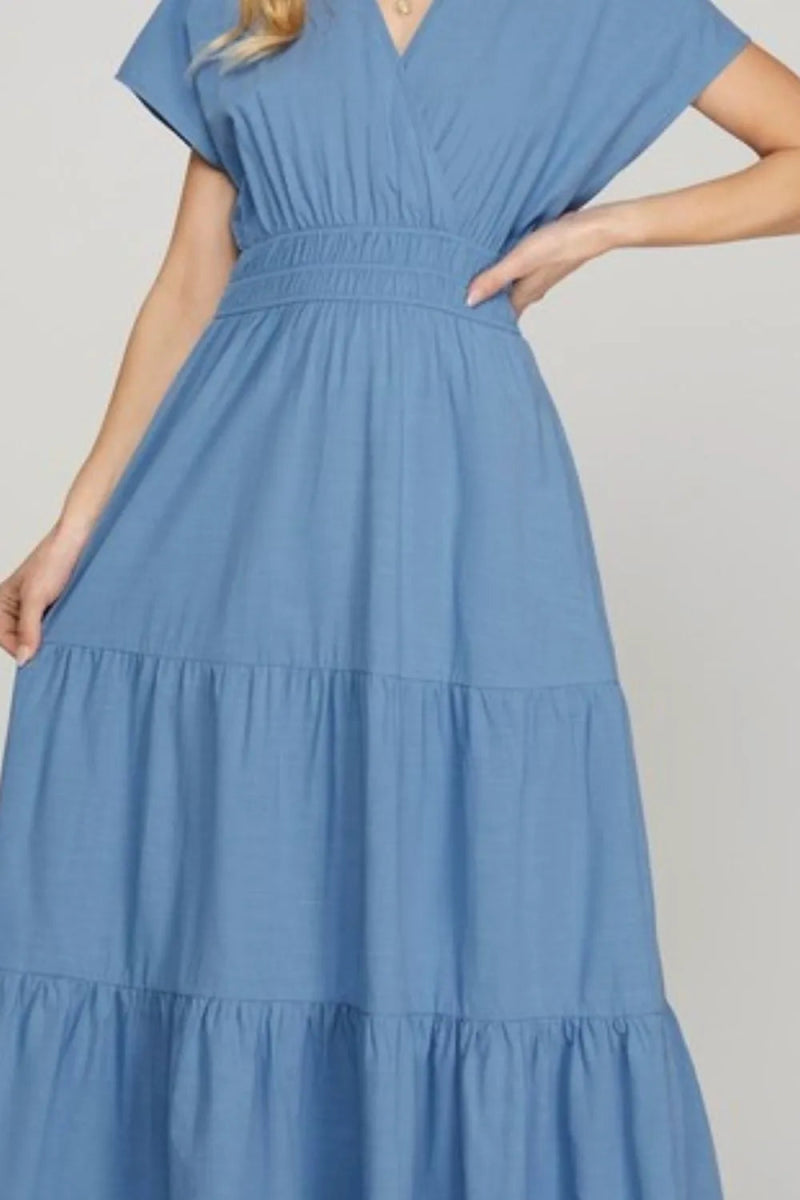 She + Sky Surplice Short Sleeve Tiered Maxi Dress With Pockets - Love Salve 