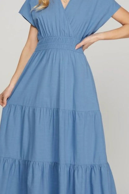 She + Sky Surplice Short Sleeve Tiered Maxi Dress With Pockets - Love Salve 