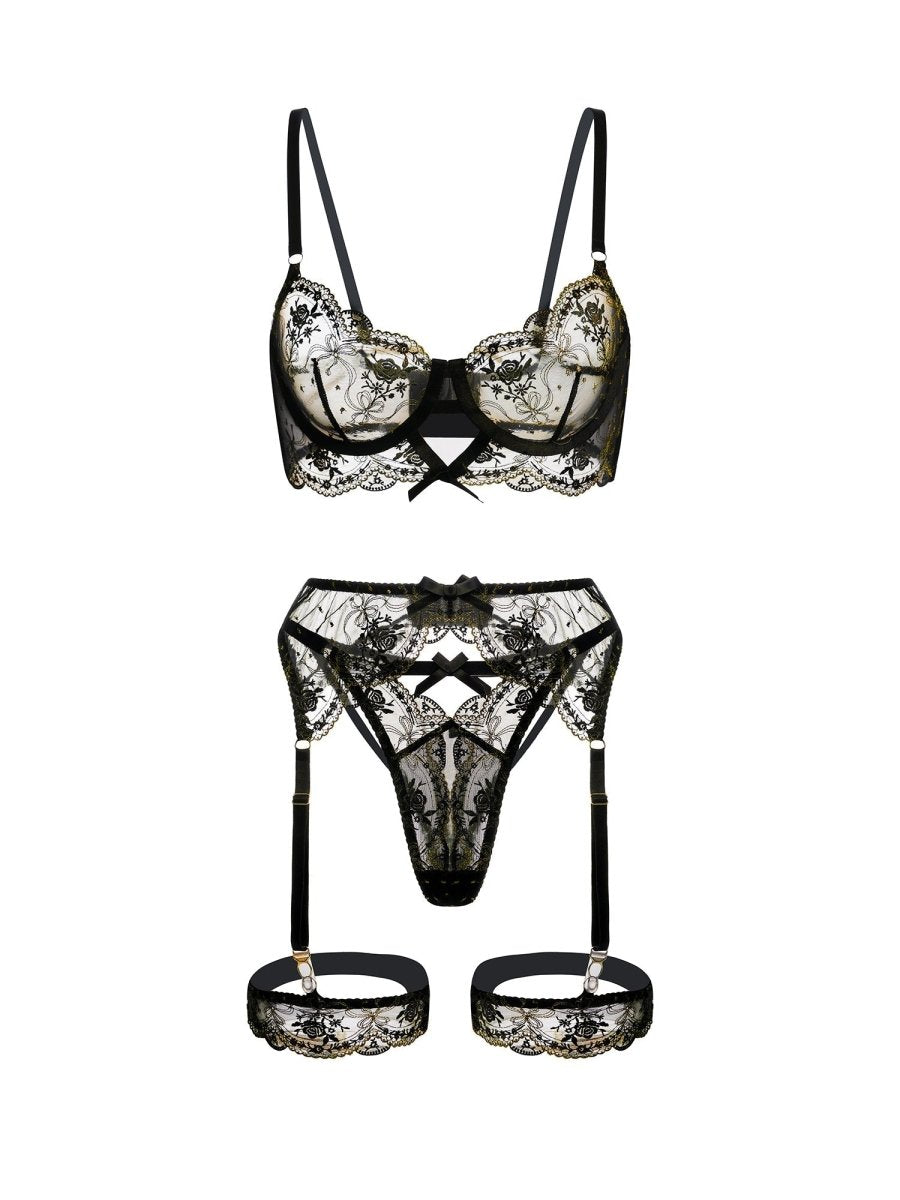 Sheer Black &Golden Embroidery Lingerie Set - Love Salve