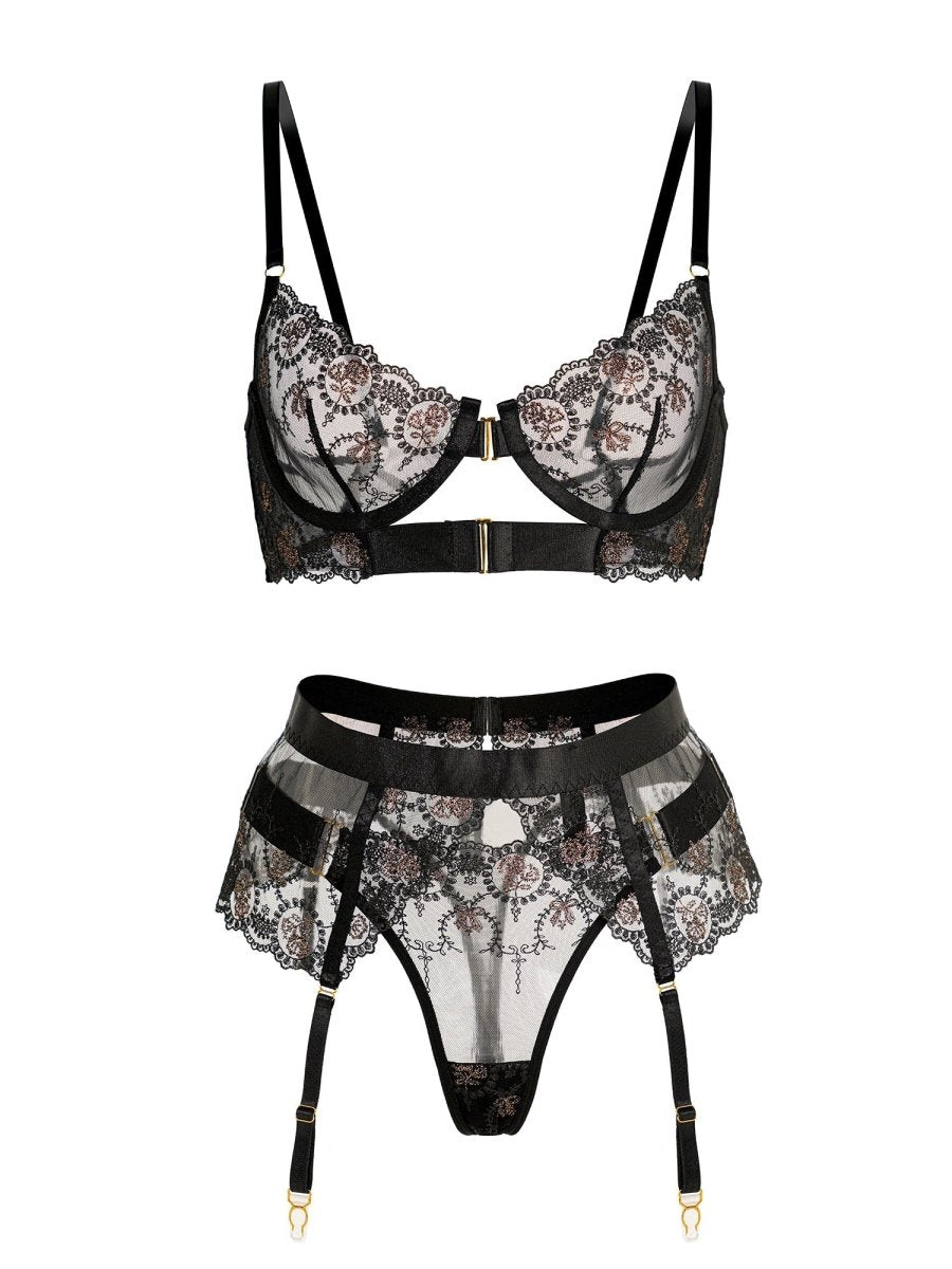 Sheer Black&Champagne Embroidered Lace Lingerie Set - Love Salve 