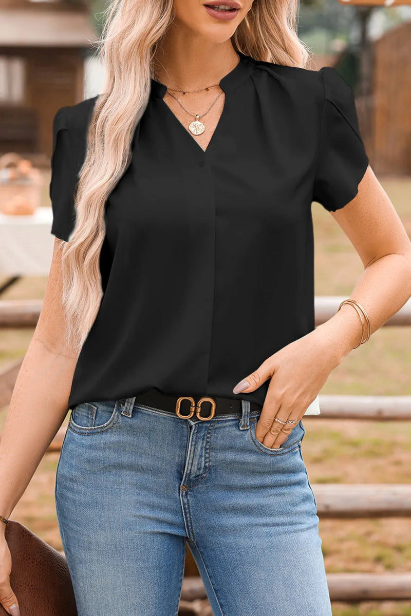 Short Sleeve Notched Blouse - Love Salve
