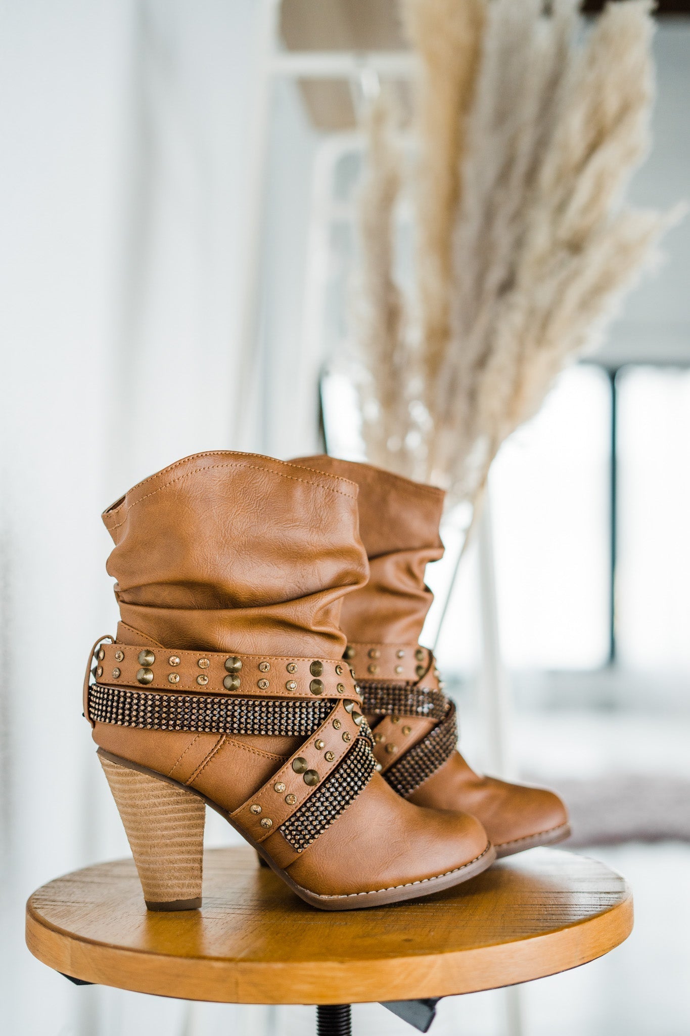 Short Change Booties Tan Faux Leather 8 Inch Shaft Heel Naughty Monkey
