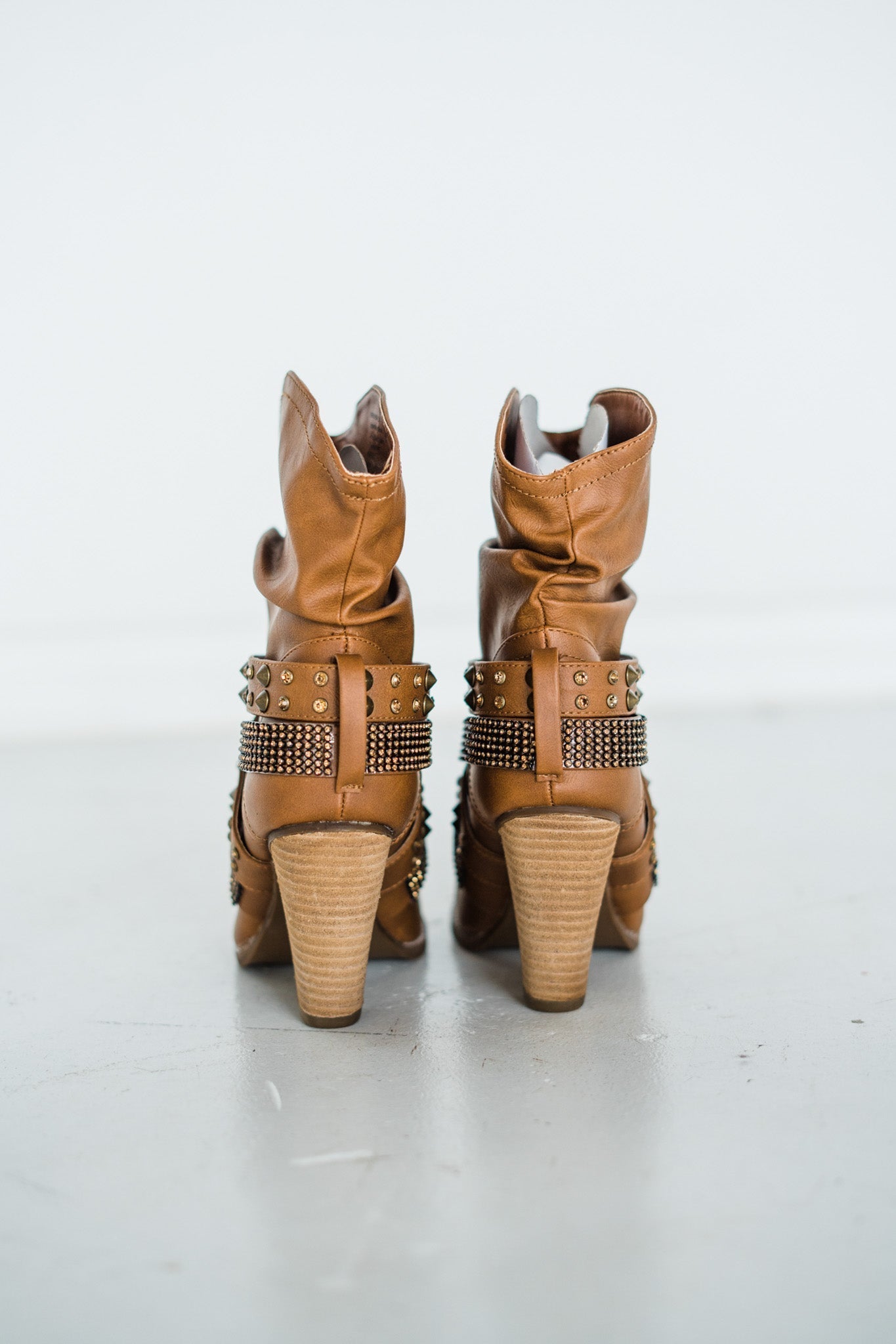 Short Change Booties Tan Faux Leather 8 Inch Shaft Heel Naughty Monkey