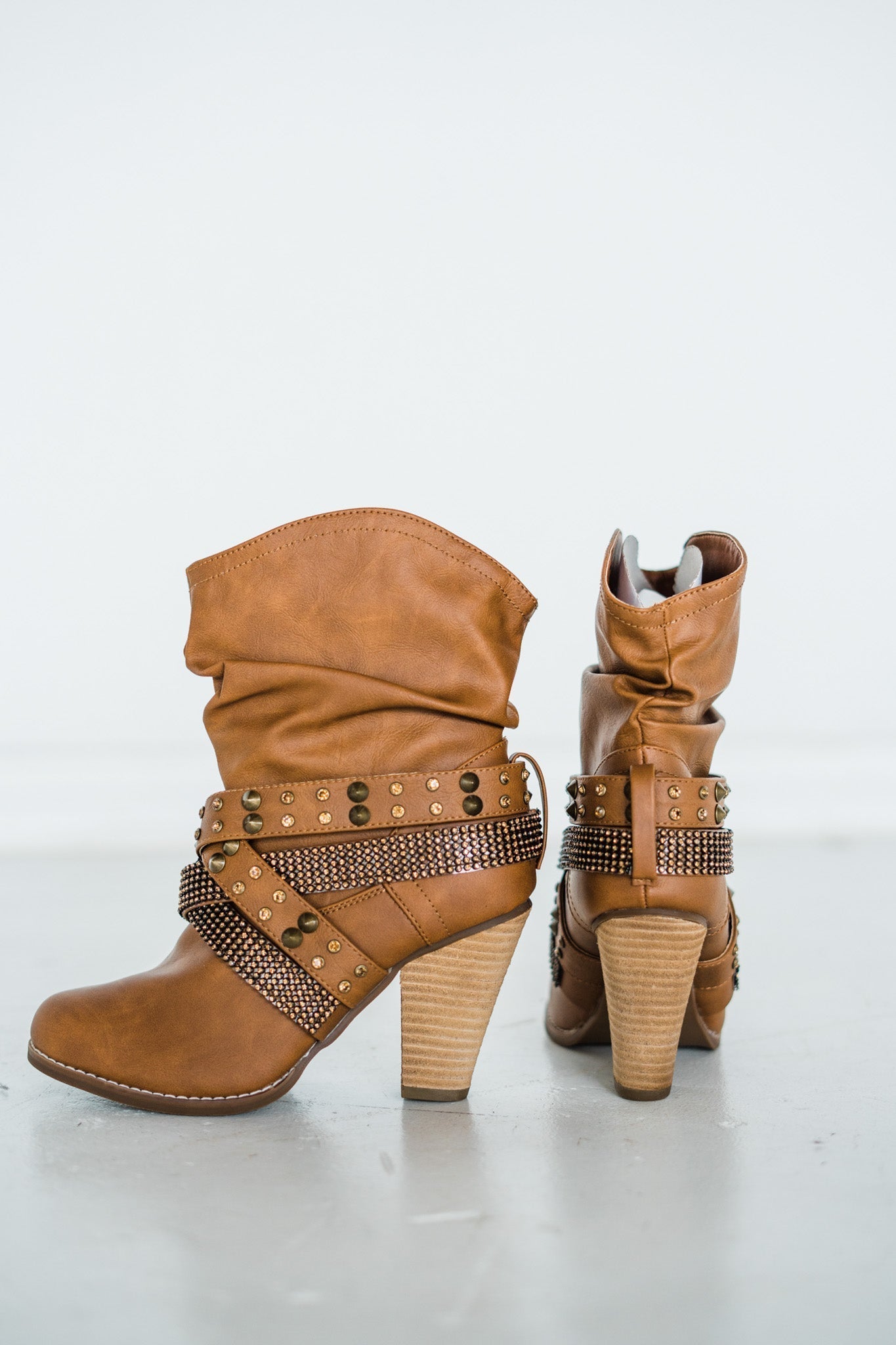 Short Change Booties Tan Faux Leather 8 Inch Shaft Heel Naughty Monkey