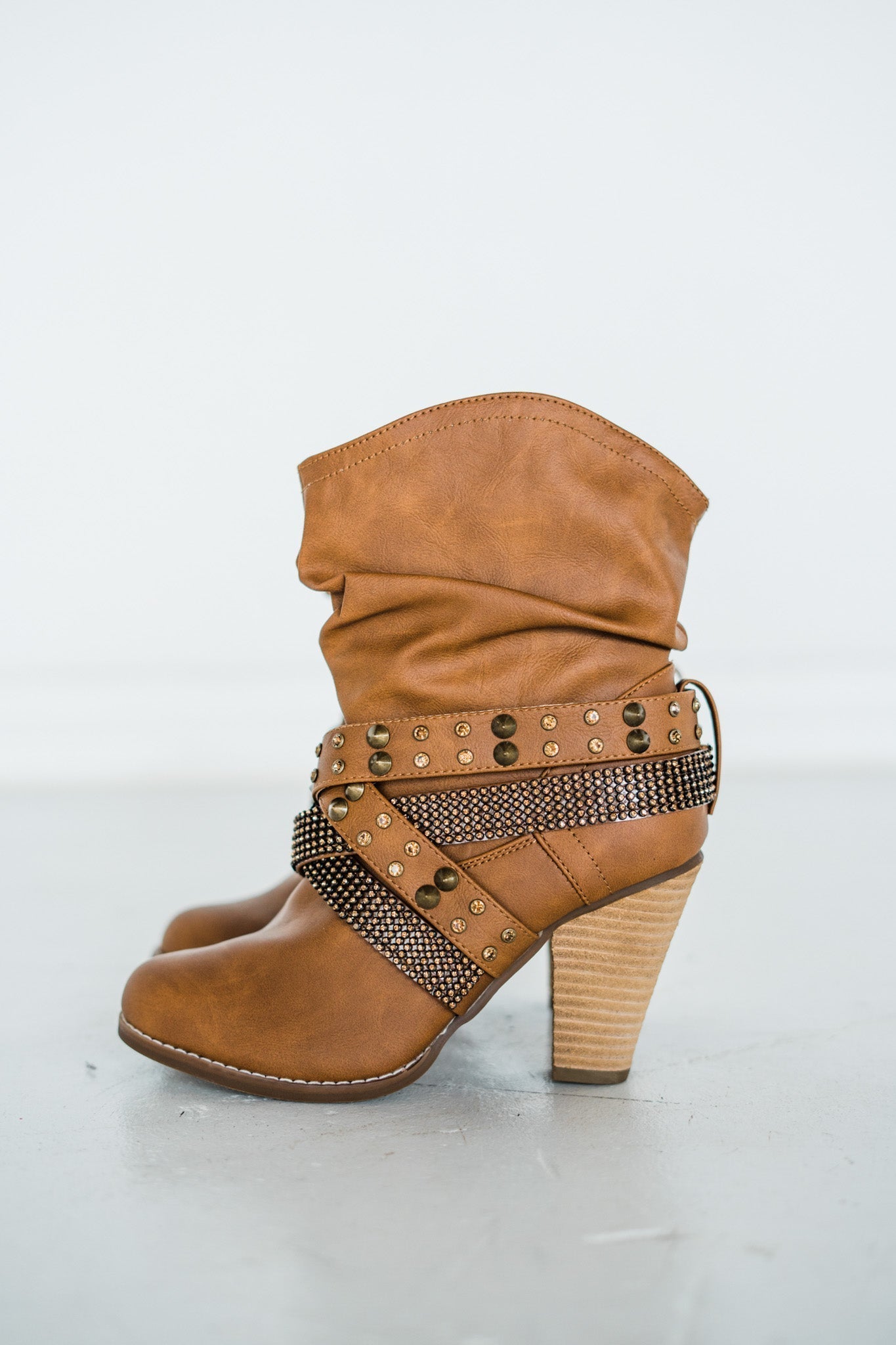 Short Change Booties Tan Faux Leather 8 Inch Shaft Heel Naughty Monkey