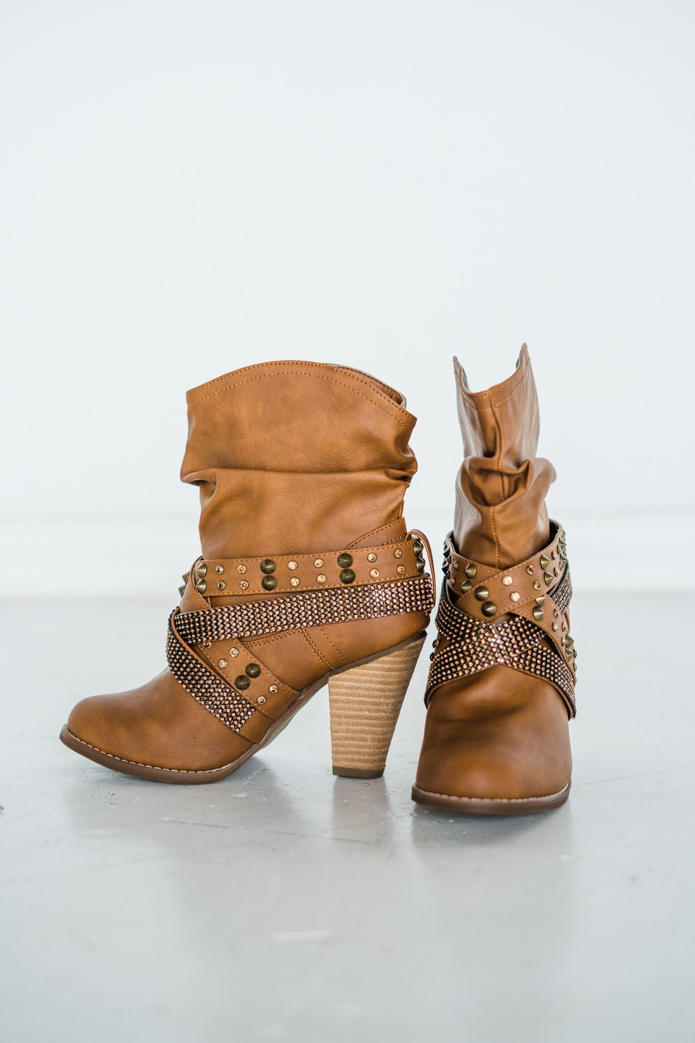 Short Change Booties Tan Faux Leather 8 Inch Shaft Heel Naughty Monkey
