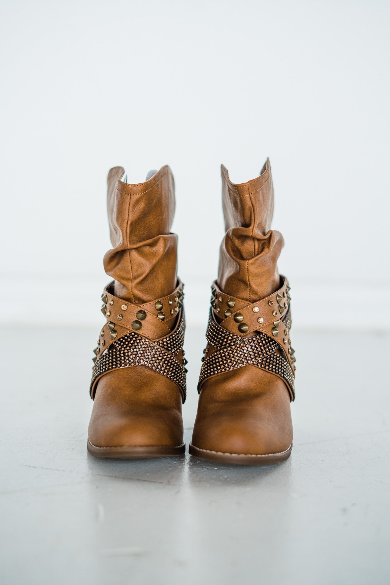 Short Change Booties Tan Faux Leather 8 Inch Shaft Heel Naughty Monkey