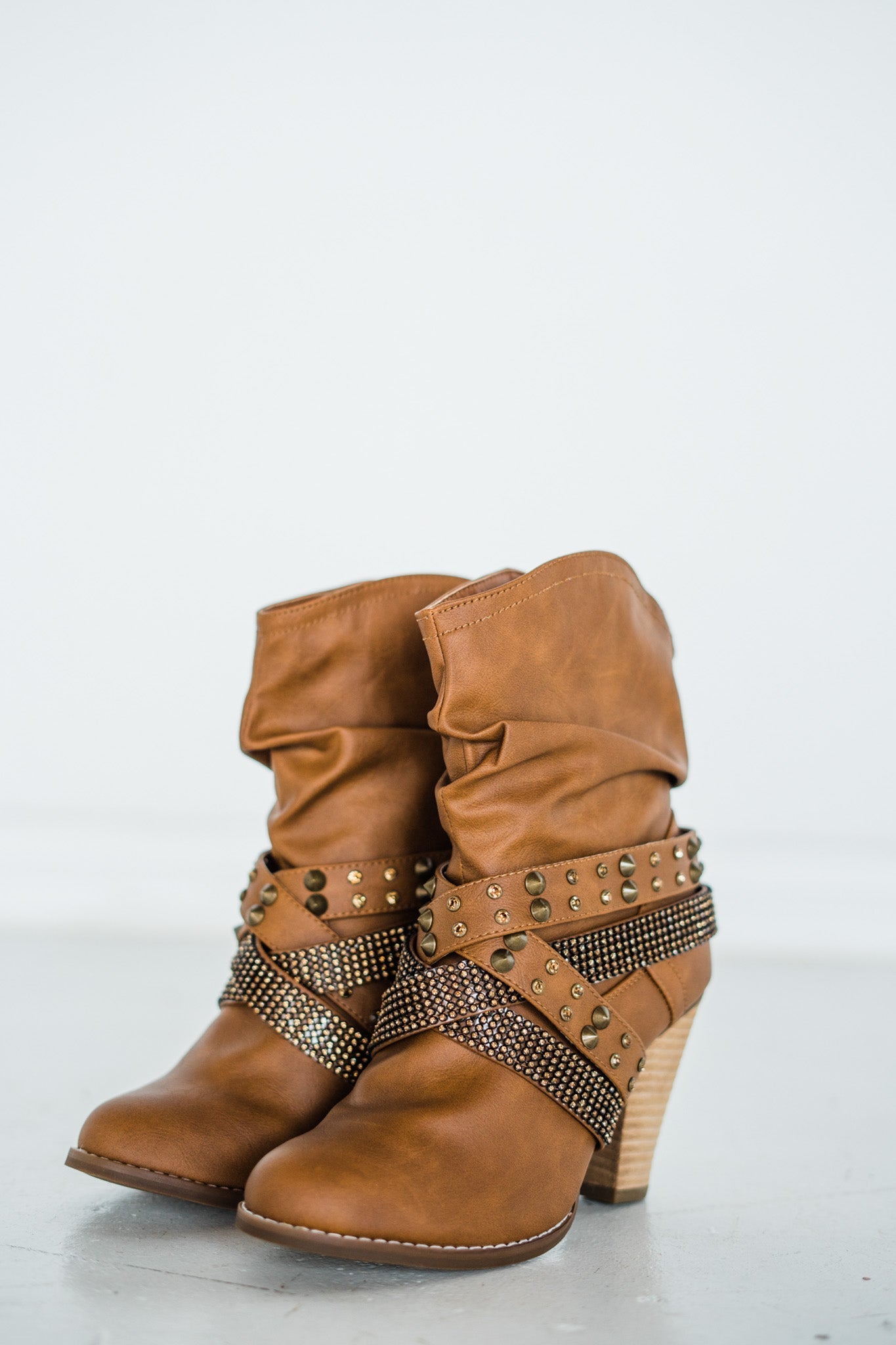 Short Change Booties Tan Faux Leather 8 Inch Shaft Heel Naughty Monkey