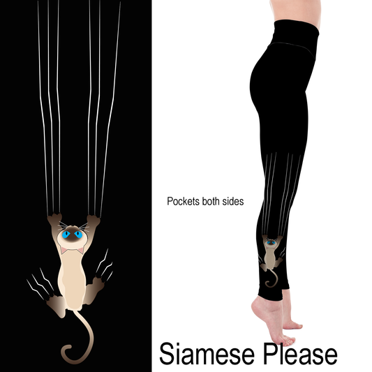 Siamese Please Cat Scratch Leggings With Pockets Blue Eyes MM