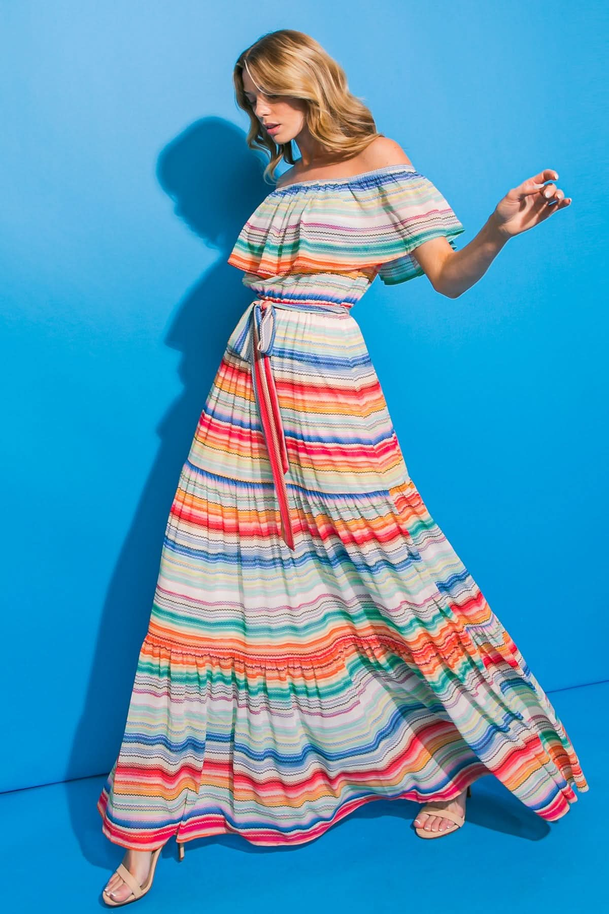 GLOBAL EXPLORER OFF-SHOULDER MAXI DRESS