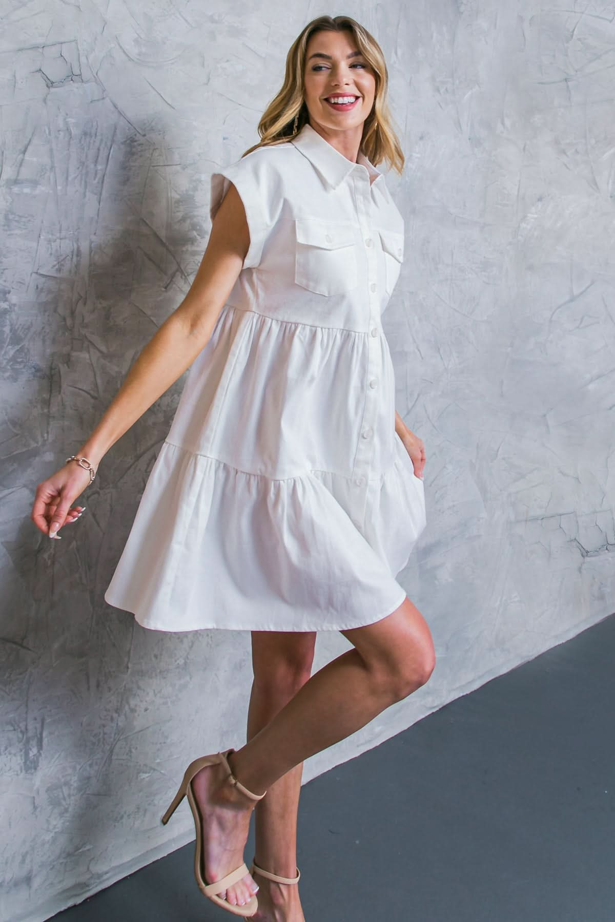 Acid-Washed Twill Tiered Mini Dress