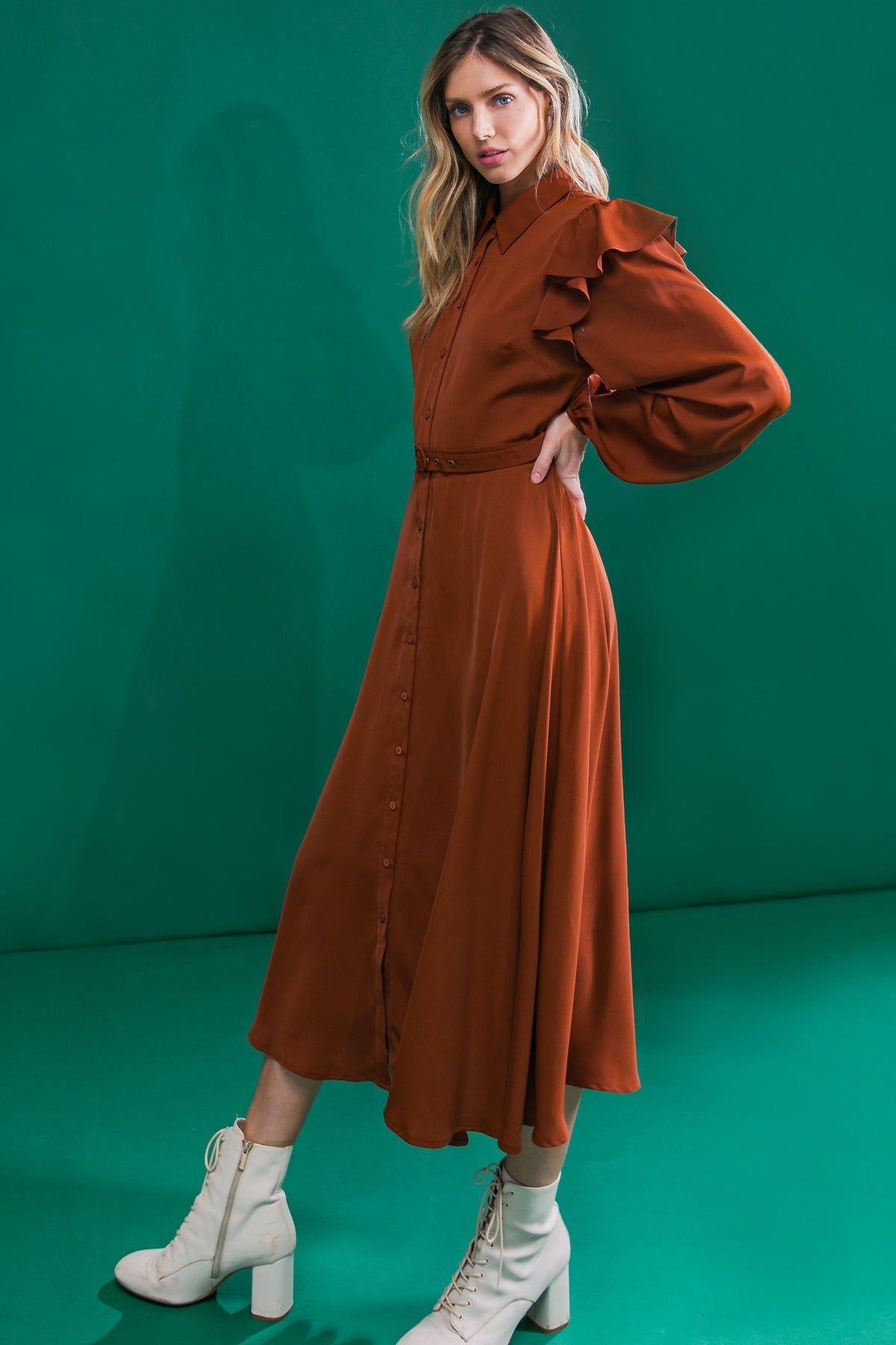 TIER ELEGANCE BROWN WOVEN MIDI DRESS Flying Tomato