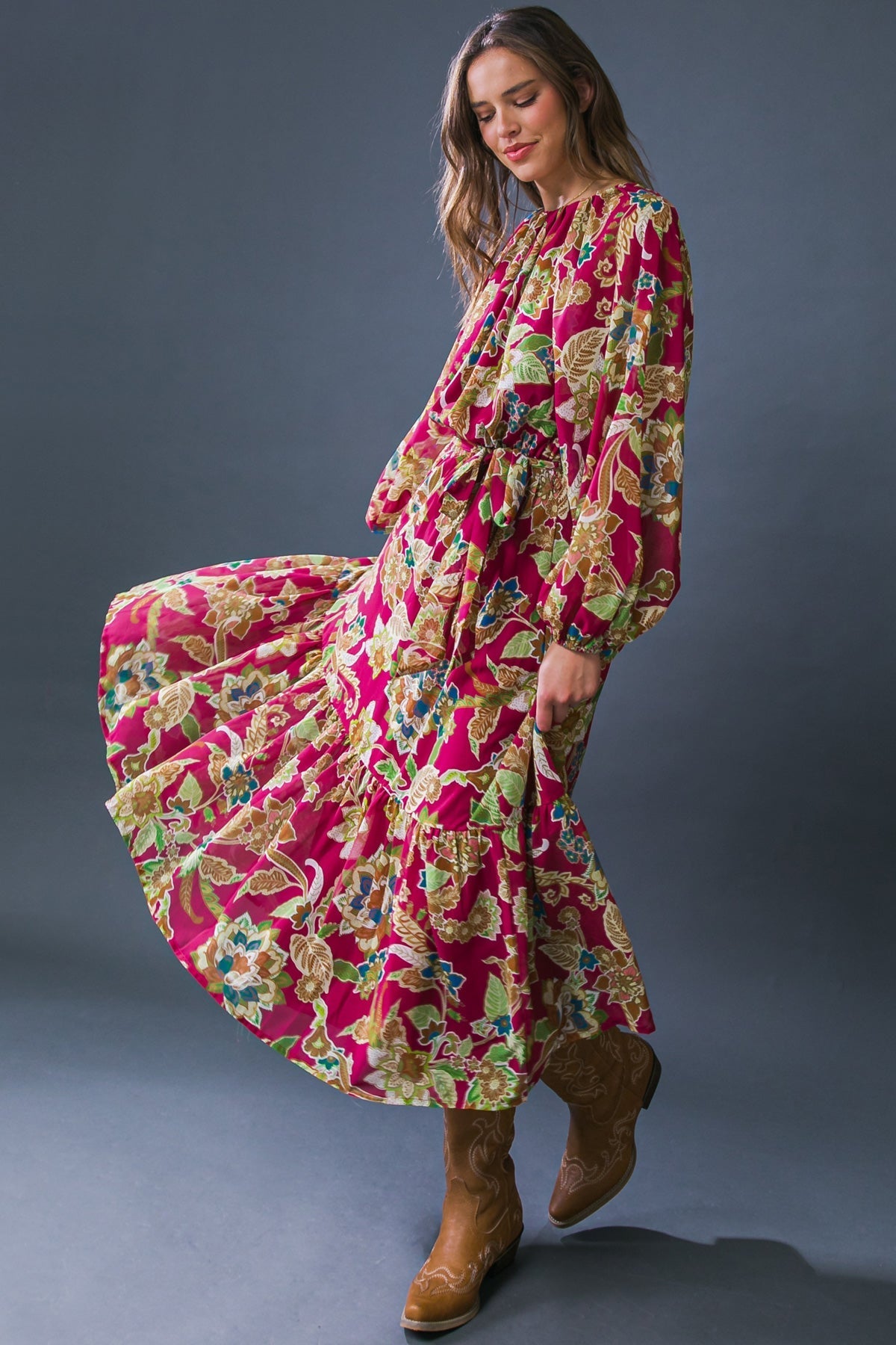 FLORALLY CHIC WOVEN MIDI DRESS Flying Tomato