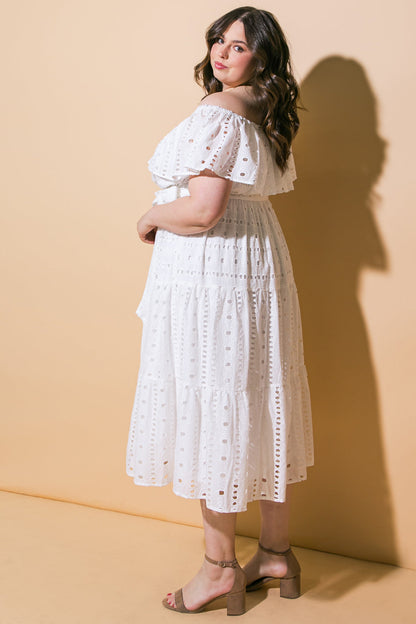 CATCHING MY BREATH EYELET MIDI DRESS