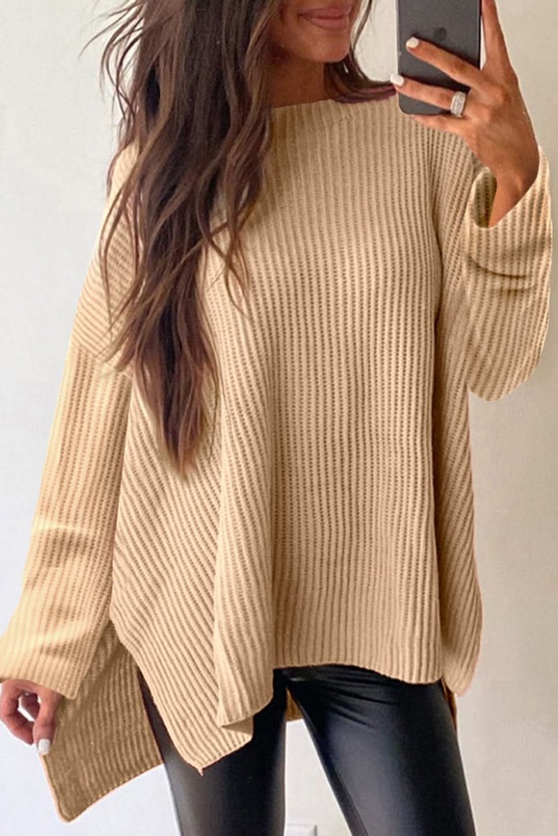 Side Slit Round Neck Long Sleeve Sweater - Love Salve 