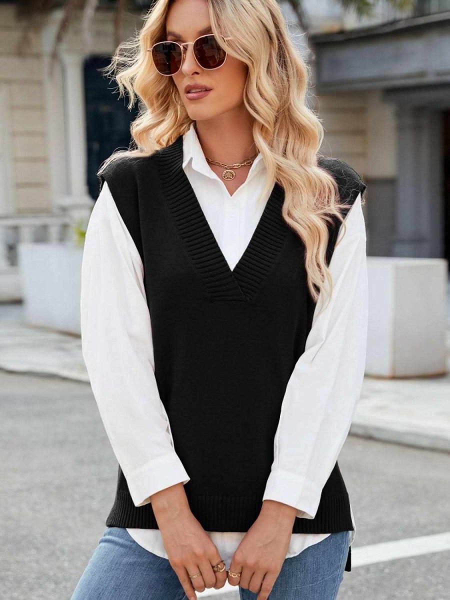 Side Slit V-Neck Sweater Vest - Love Salve 