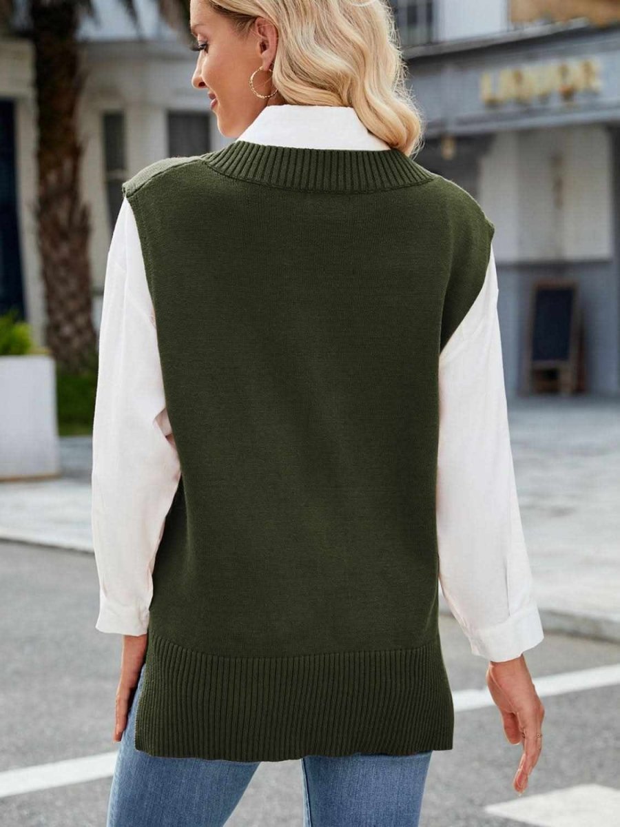 Side Slit V-Neck Sweater Vest - Love Salve 