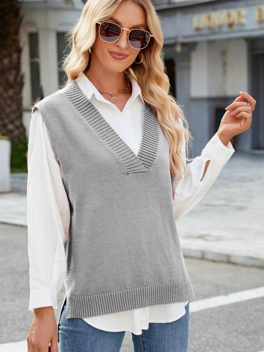 Side Slit V-Neck Sweater Vest - Love Salve 
