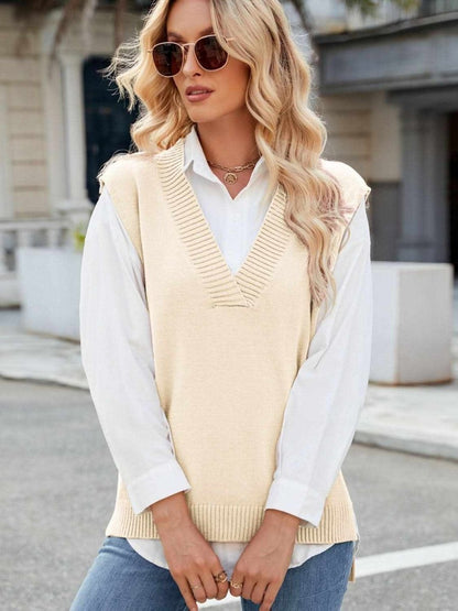 Side Slit V-Neck Sweater Vest - Love Salve 