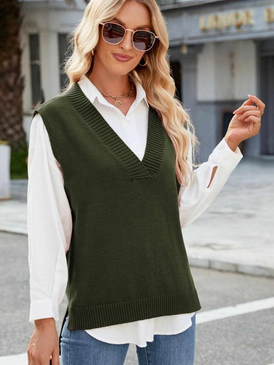 Side Slit V-Neck Sweater Vest - Love Salve 