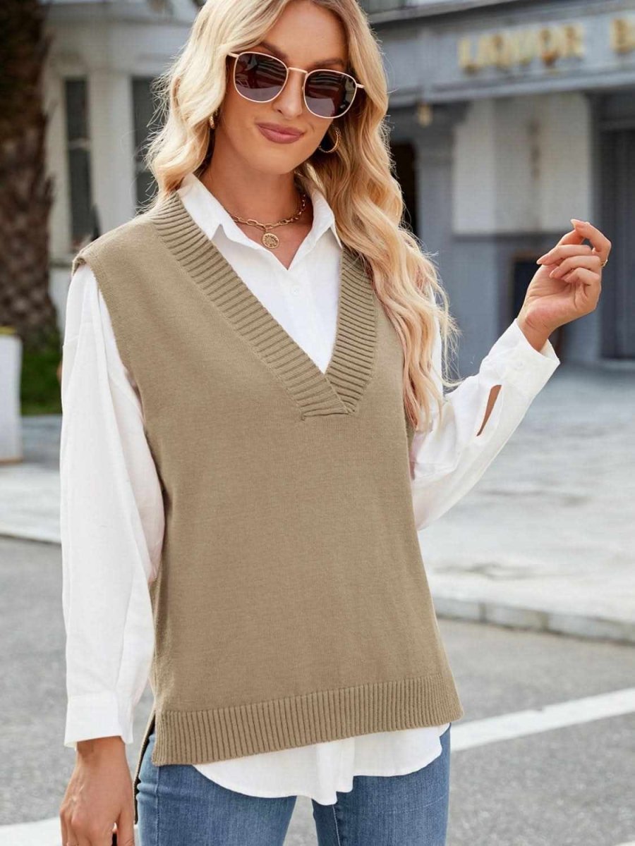 Side Slit V-Neck Sweater Vest - Love Salve 