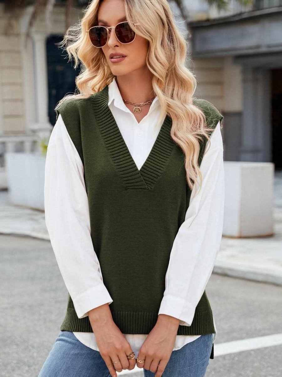 Side Slit V - Neck Sweater Vest - Love Salve