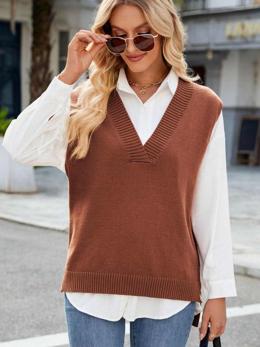 Side Slit V-Neck Sweater Vest - Love Salve 