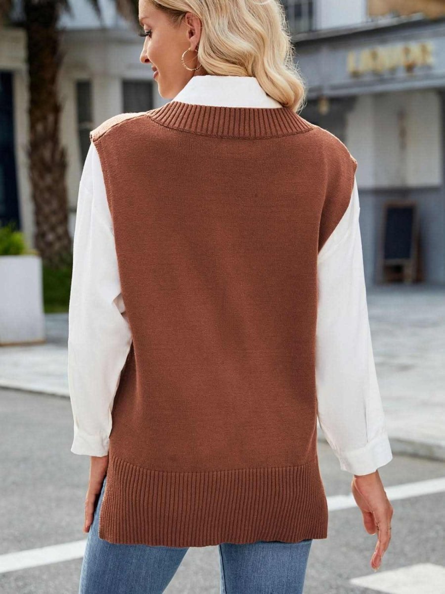 Side Slit V-Neck Sweater Vest - Love Salve 